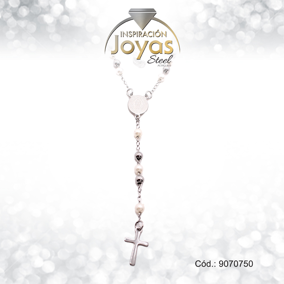 Rosario - Acero - Medalla De Virgen Maria De Guadalupe - Perla - Plateado - L: 50Cm - 9070750