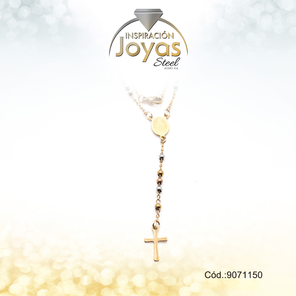Rosario - Acero - Medalla De Virgen Maria - Esfera - Tres Tonos - L: 50Cm - 9071150