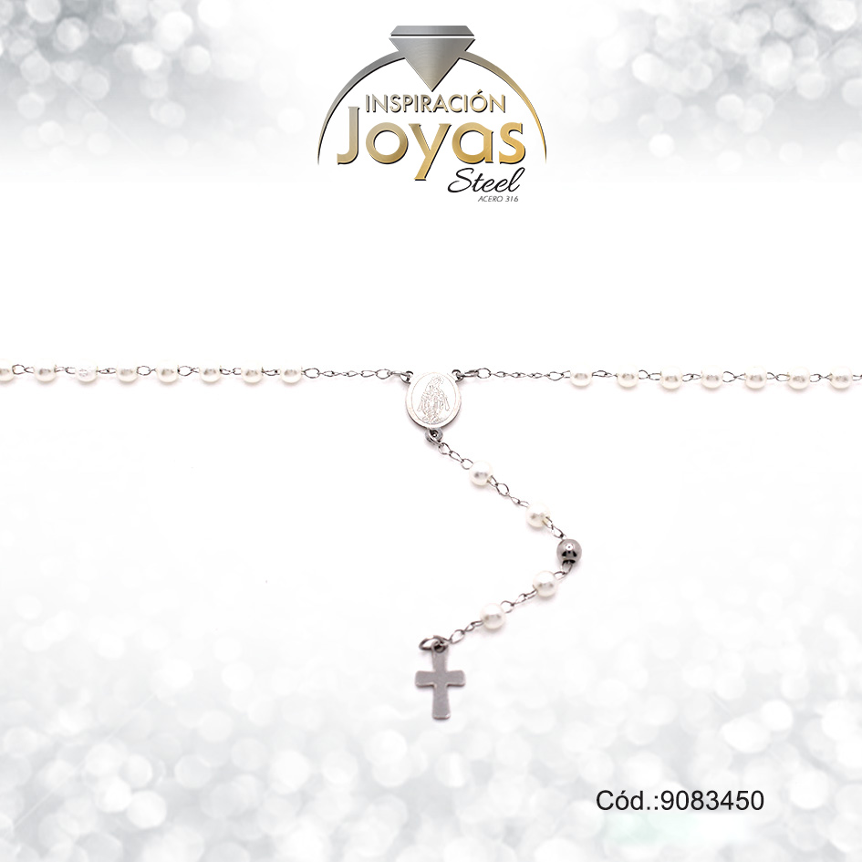 Rosario Acero Plateado/Perlas - 9083450